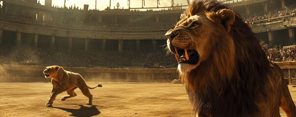 Majestic lions roam an ancient arena, evoking the power and mystery of wildlife in a dramatic, cinematic setting.