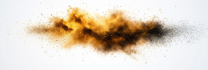 Abstract brown and gold powder explosion on white background.