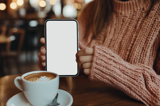 A girl is enjoying a cup of coffee in a cozy cafe while holding a white smartphone with a blank screen towards the camera, cropped, mockup