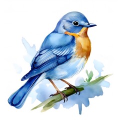 blue bird on bamboo watercolor clipart