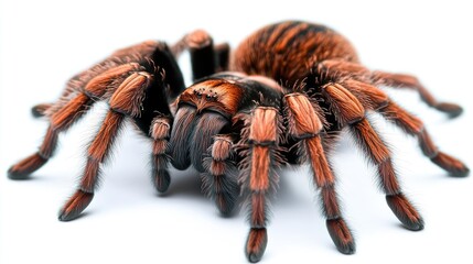 A menacing tarantula with its fangs bared, positioned on a white background, emphasizing its venomous potential.