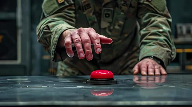 Elderly man in camouflage clothing holds hand over red button in doubt. Agony of making important strategic decision. Red panic button during nuclear threat.