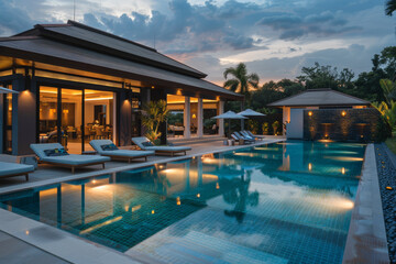 A large pool with a house in the background