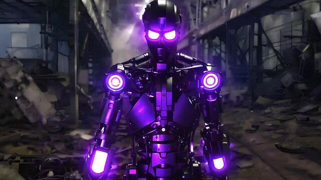 Advanced purple robot walking towards the screen