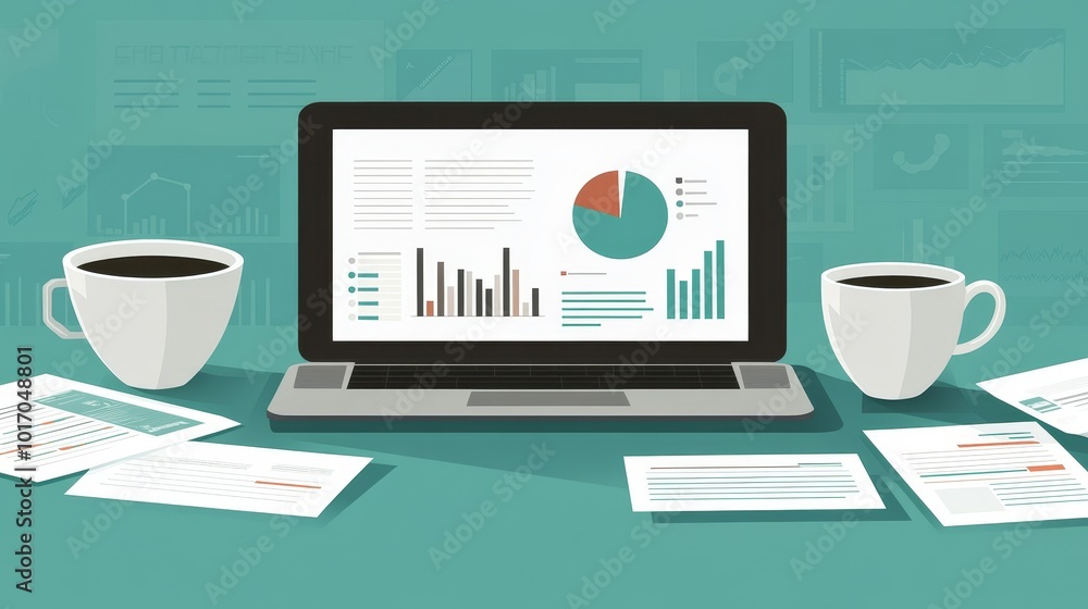 Poster modern workspace with coffee and data analytics