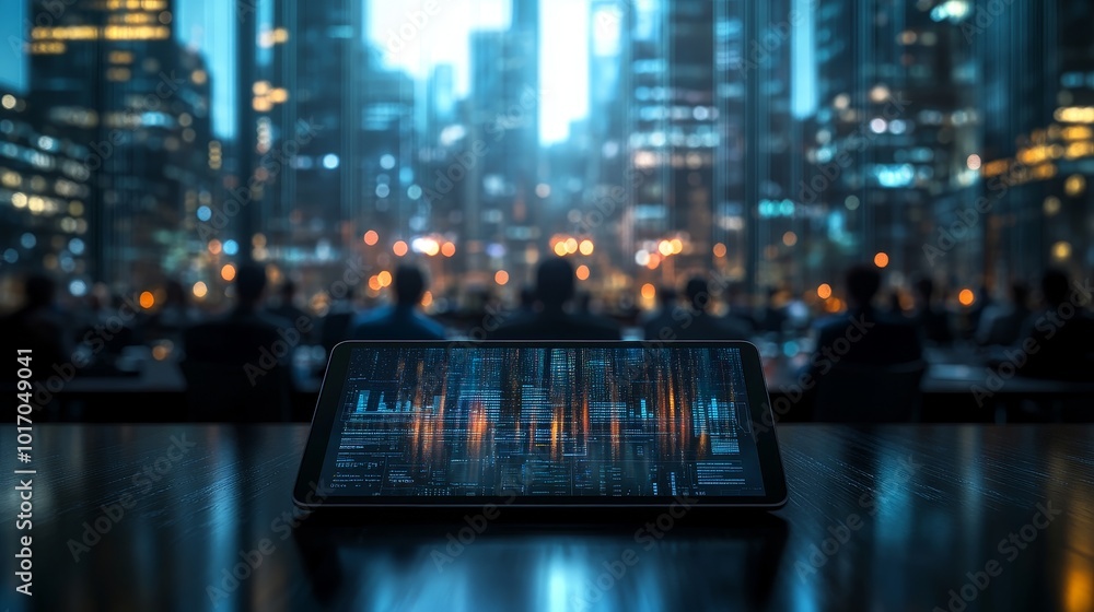 Poster city skyline with tablet displaying data metrics