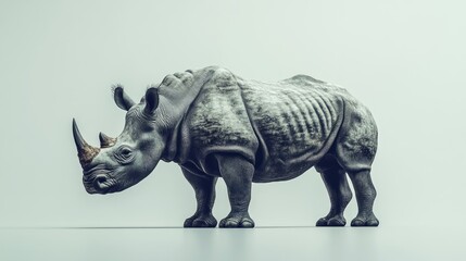 Obraz premium A powerful rhinoceros standing still, showcasing its rough skin and prominent horn on a white background.