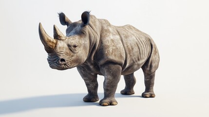Fototapeta premium A powerful rhinoceros standing still, showcasing its rough skin and prominent horn on a white background.