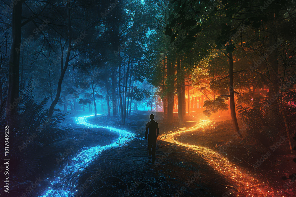 Poster a man walks down a path that splits into two, one blue and one red