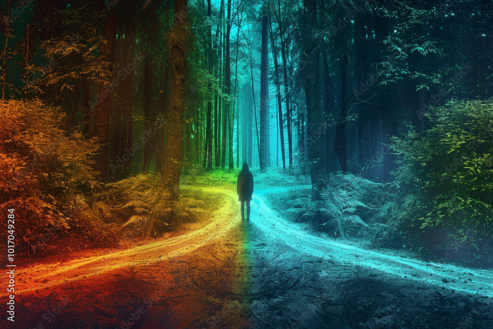 Aufkleber a person is walking down a path that splits into two different directions