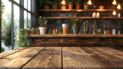Fototapeta premium Cozy Café Interior with Rustic Wooden Table and Lush Greenery