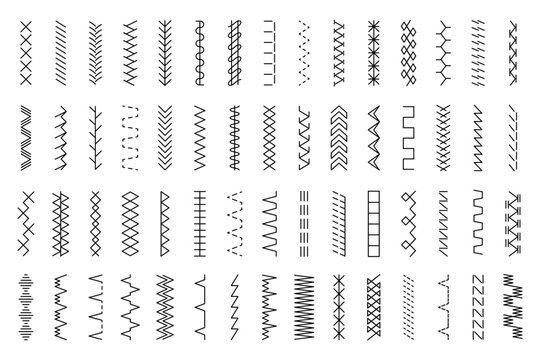 Embroidery stitches. Sewing machine lines different ornamental forms dividers and borders recent vector stiches templates set
