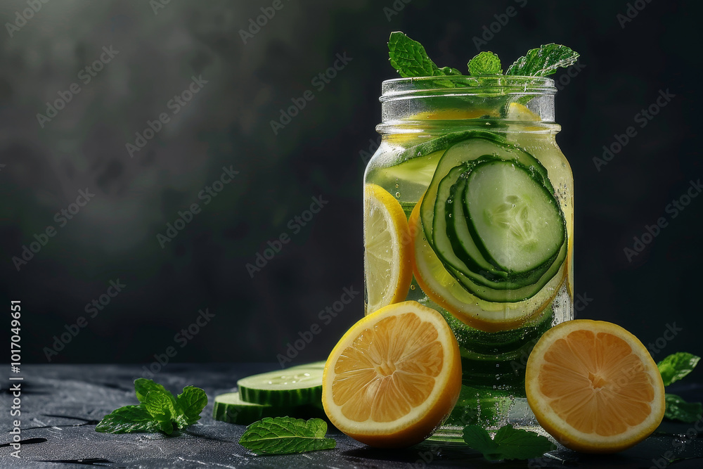 Poster a jar of cucumber and lemonade sits on a table