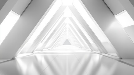 Symmetrical, vanishing point perspective of a modern, white corridor with triangular shapes and bright lighting