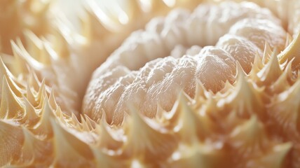 Macro shot of a durian fruit’s distinctive spiky shell, showcasing the detailed texture and sharp points in natural light.