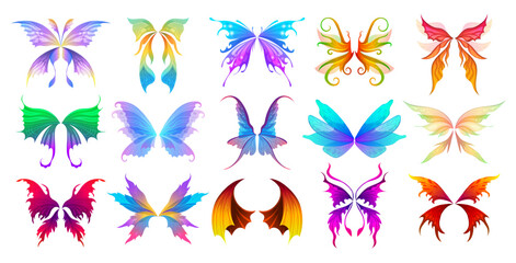 Fairy wings. Colored fantasy body parts of birds or butterfly creatures recent vector beautiful fairy wings © ONYXprj