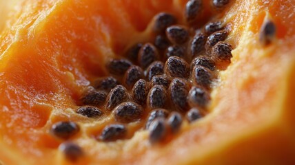Macro shot of a ripe papaya, revealing its orange flesh and black seeds, emphasizing its freshness and vibrant color.