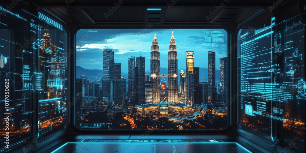 Poster a vibrant and illuminated cityscape that showcases advanced technology and dynamic movement within a