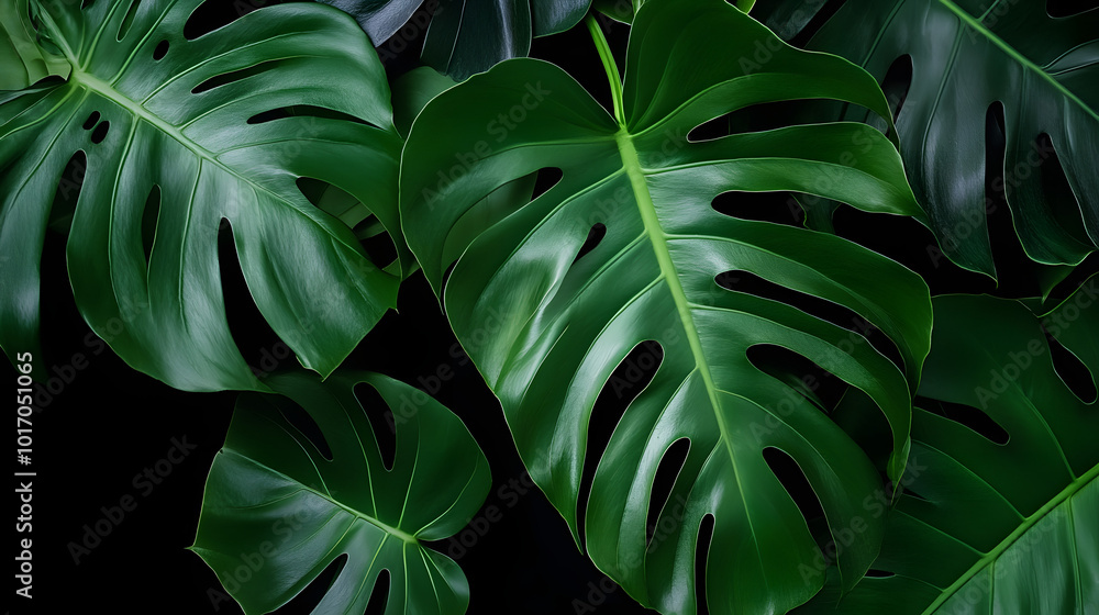 Poster Green tropical leaves Monstera ornamental plant jungle evergreen vine on black background