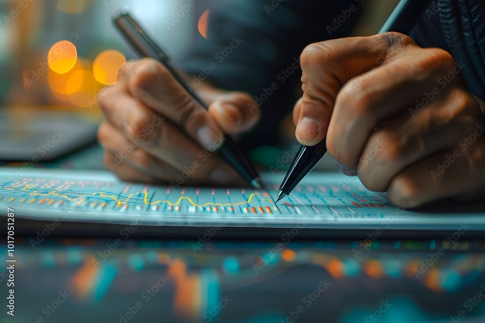 Poster analyzing data trends with precision: a close-up of hands working on financial charts