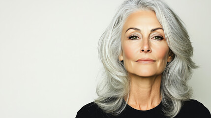 Fototapeta premium Portrait of a beautiful mature woman with silver hair. She is looking directly at the camera with a confident expression.