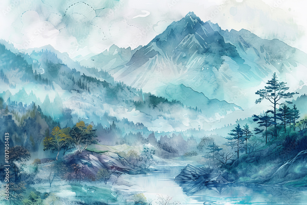 Poster a painting of a mountain range with a river running through it