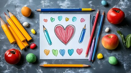 Heart and Pencils Surrounded by Colorful Candy Drawing