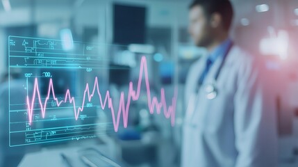 Hologram of vital signs and heart rate with a blurred doctor in the background, blurred background image in a hospital, white tones and bright light, copy space