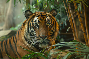 A tiger is looking at the camera in a jungle