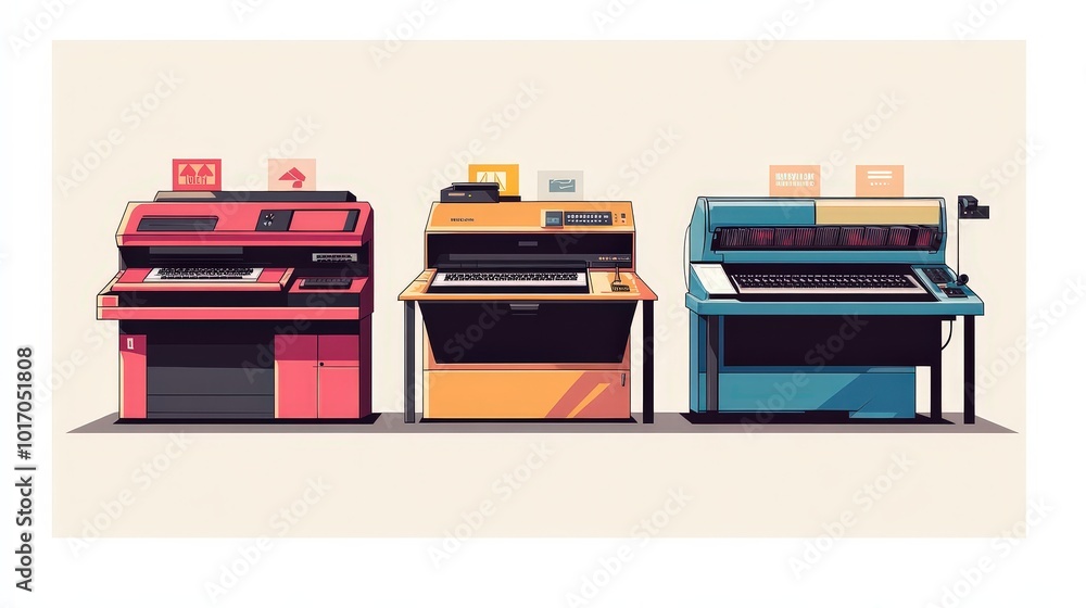 Poster retro minimalistic printers poster design with playful colors and free space for text