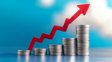 Side view of stacks of coins simulating a ladder and a red arrow pointing up the stairs on a blue background with clouds, concept of business growth and success