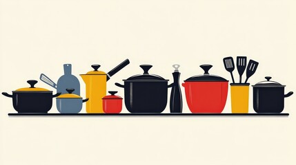 Fototapeta premium Vintage Cookware Sets Graphic Poster in Minimalistic Retro Style with Fun Color Palette and Simple Composition for Text Space