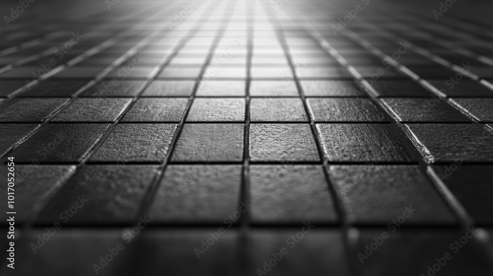 Poster a close-up view of textured black tiles arranged in a grid pattern, creating a modern aesthetic.