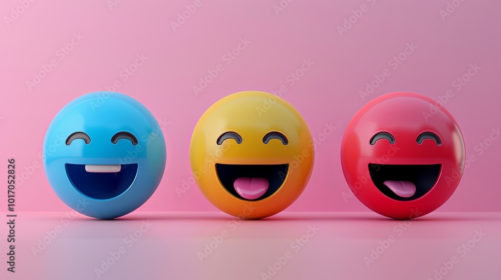 Poster three vibrant emoji faces with big smiles and cheerful expressions stand on a soft pink backdrop, cr