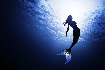 Naklejka premium a mermaid gliding effortlessly through the ocean, her tail shimmering in the soft light of the setting sun, ethereal underwater world