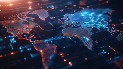 Digital World Map with Glowing Network Connections