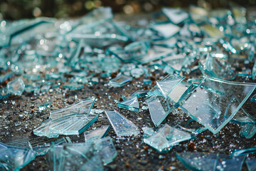 A pile of broken glass on the ground