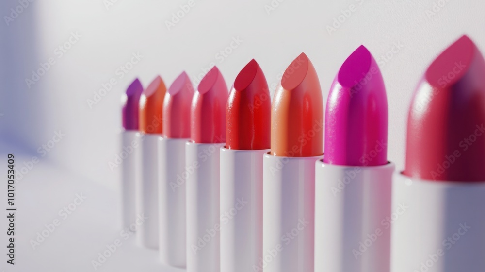 Poster lipsticks in different colors neatly lined up on a white background