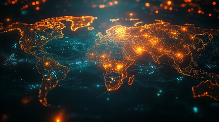 World Map Depicted with Orange and Blue Lights