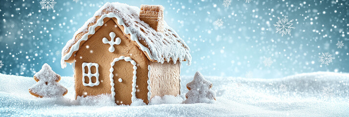 Gingerbread house in snowy landscape with falling snowflakes, festive winter scene, cozy Christmas atmosphere, holiday decoration, gingerbread cookies, snow-covered roof, traditional holiday treat