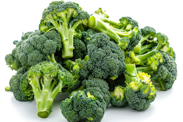 A pile of broccoli is on a white background