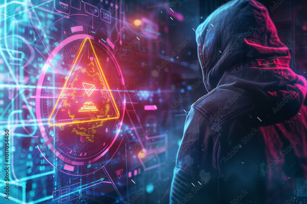 Poster a man is standing in front of a computer screen with a neon triangle on it