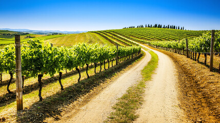 a dirt path winding through a lush vineyard in Tuscany, Italy, under a clear blue sky, evoking a serene and idyllic countryside vibe