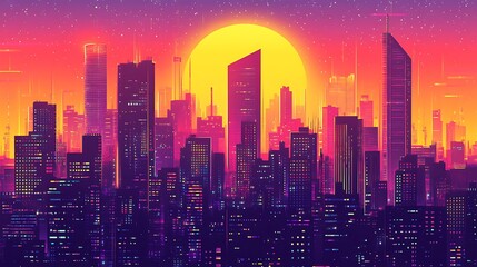 Obraz premium A vibrant and futuristic cityscape silhouetted against a large yellow sun and a purple and pink sky.
