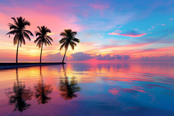 A beautiful sunset over the ocean with three palm trees in the foreground