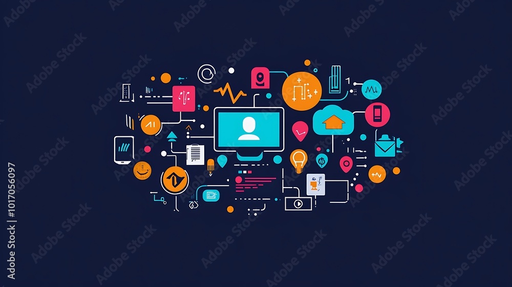 Poster a computer screen with various digital icons around it, representing technology, connectivity, and t
