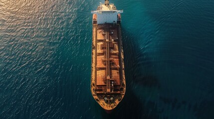 Large cargo ship sailing through calm blue waters, showcasing shipping industry logistics, freight transport, marine trade, aerial view of vessel navigating open sea.