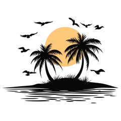 tropical palm trees at sunset, Landscape of the sunset moment with palm tree, silhouette of palm trees