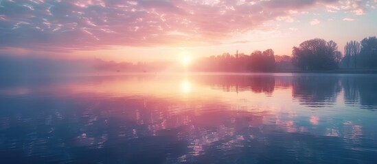 Fototapeta premium Serene Sunrise Reflection Over The Lake Aerial View