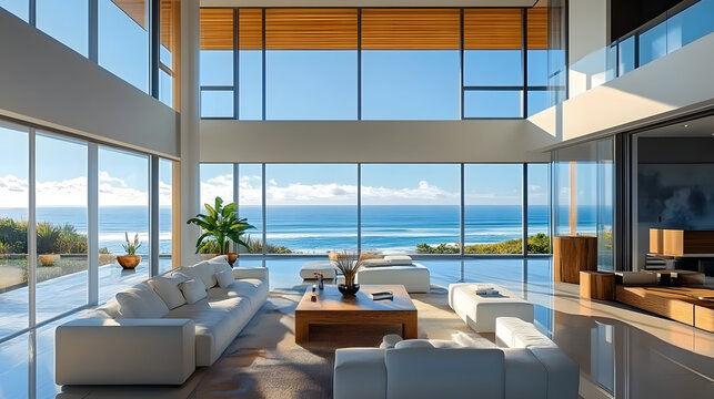 Luxury beach house living room, modern architecture, ocean front property landscape. Sleek contemporary designer furniture, minimalist deco interior, large window, panoramic coastal view background.